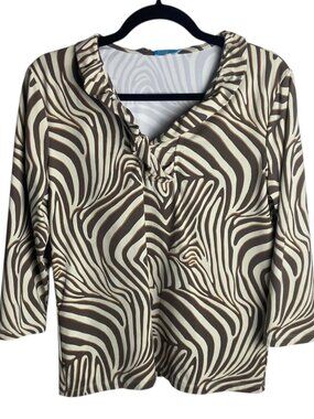 J Mclauglin Size L Catalina Cloth Zebra Print Blouse Top 3/4 Sleeve Ruffle Work